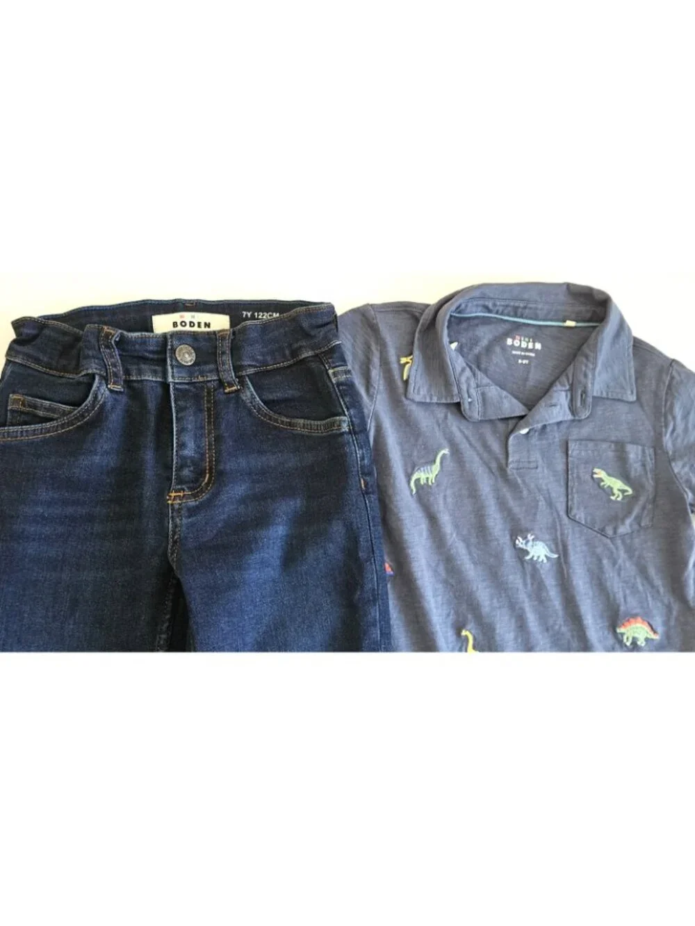 Mini Boden 7-8 Embroidered Dinosaur Polo Top Jeans Set